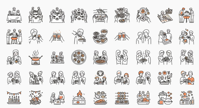 Diverse groups of people enjoying meals together at tables, sharing food, and toasting with drinks