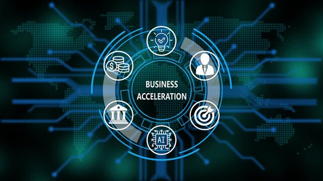 &ldquo;Business Acceleration, Artificial Intelligence, and Global Business Network Technology Concept&rdquo;. Digital circuit board on world background. Representing artificial intelligence, and future technology