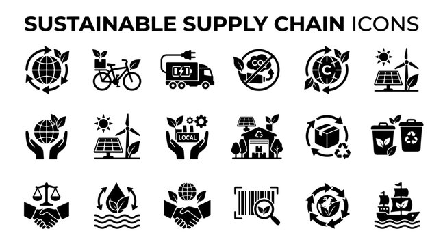 Collection of icons representing sustainable supply chain concepts, including recycling, renewable energy, and eco-friendly transportation.