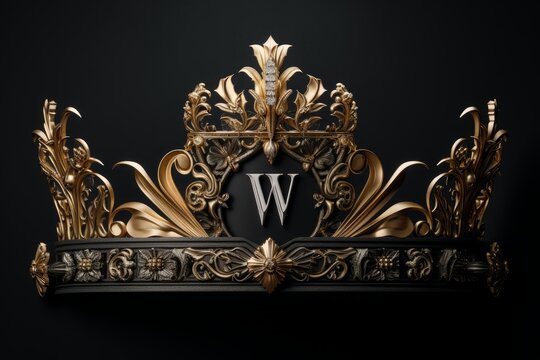 Golden ornate crown featuring a letter w, symbolizing royalty, success, and luxury