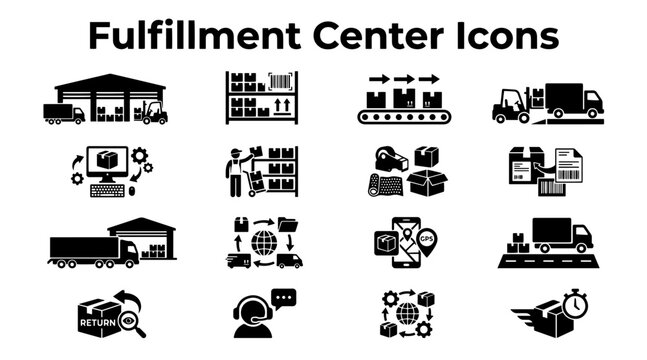 Collection of flat design symbols depicting order processing, inventory management, and delivery workflows in warehouses.