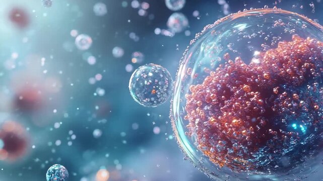 Futuristic microscopic scene with colorful cells and luminous energy particles floating liquid space soft gradients glowing light creating abstract scientific visualization of life and biotechnology