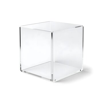Transparent acrylic cube on white background, clear glass display box for product presentation, minimalist plastic pedestal for museum or retail