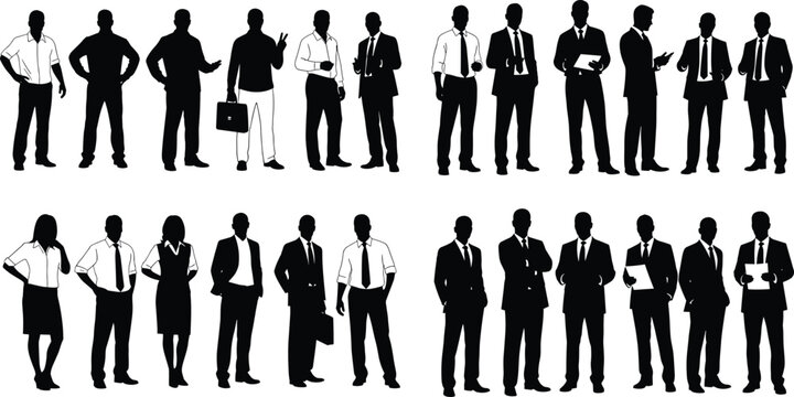 Business people silhouette collection with professional office workers standing in formal poses isolated on white background