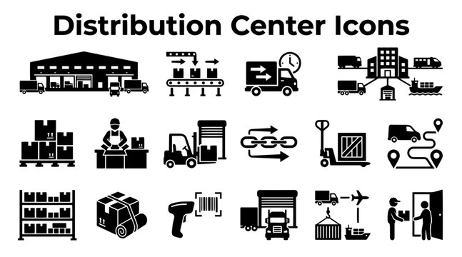 Black and white vector icons depicting various logistics, shipping, and warehouse activities in a distribution center setting.