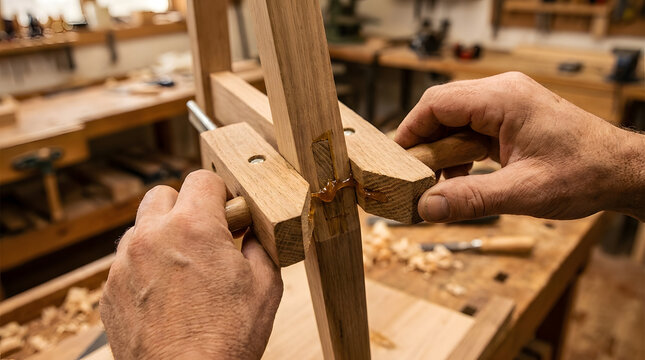 Carpenter hands using wooden screw clamps | Traditional woodworking joinery with wood glue | Professional craftsman working in a carpentry workshop | Close up of mortise and tenon joint assembly
