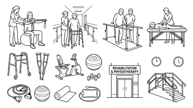 Physiotherapy and rehabilitation vector icons set, medical physical therapy equipment collection, patient recovery and clinical exercise line art