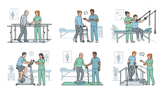 Physical therapy rehabilitation set with 6 vector scenes, medical physiotherapy exercises for elderly and injured patients, clinical recovery illustrations