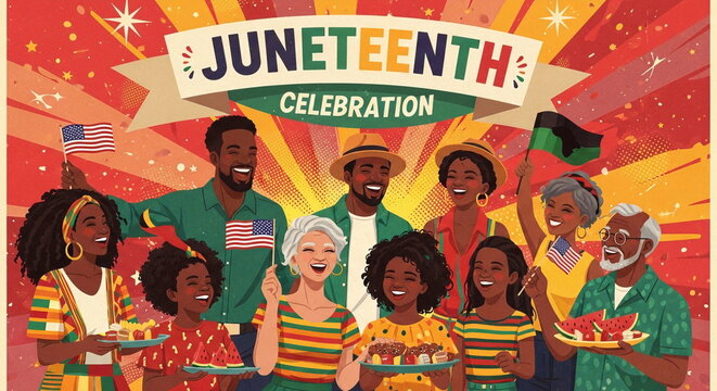 Diverse group of happy people celebrating juneteenth freedom day with flags and food in a vibrant community park.