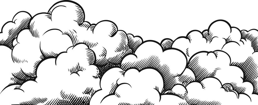 Black and white hand drawn fluffy clouds with detailed shading and texture in vintage engraving