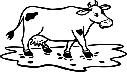 Fototapeta premium black and white cow standing in mud puddle with heart shaped spot and relaxed expression