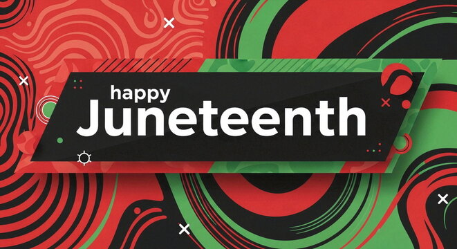 Modern geometric banner design with Juneteenth greeting over circular swirl patterns.