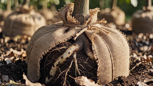 Tree root ball wrapped in burlap for planting. Young sapling prepared for reforestation in a nursery. Environmental conservation and growth concept