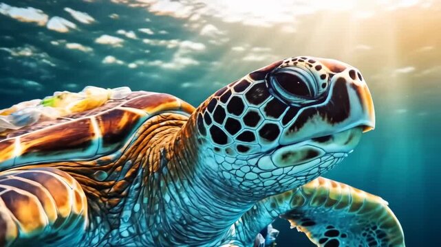 Sea turtle swimming through polluted ocean surrounded plastic waste and debris highlighting environmental problem of marine pollution ecology crisis and impact of human activity on wildlife and nature