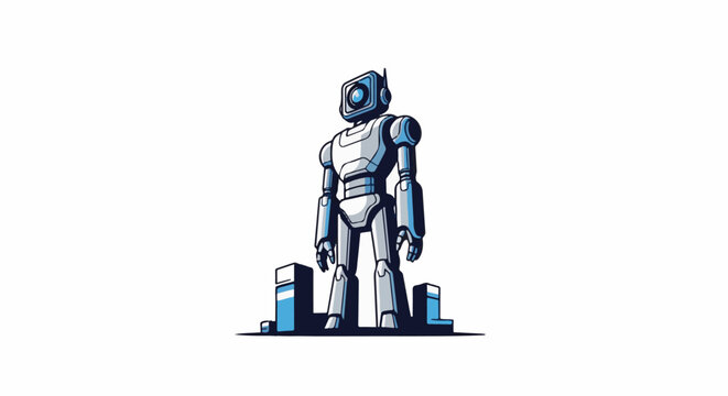 Futuristic robot with camera head stands on abstract blocks