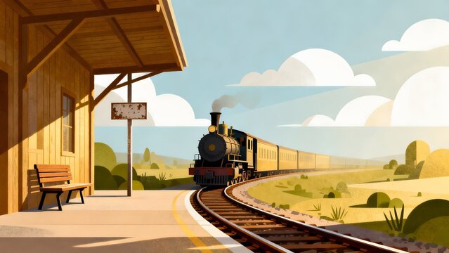 Train arriving at station with countryside view
