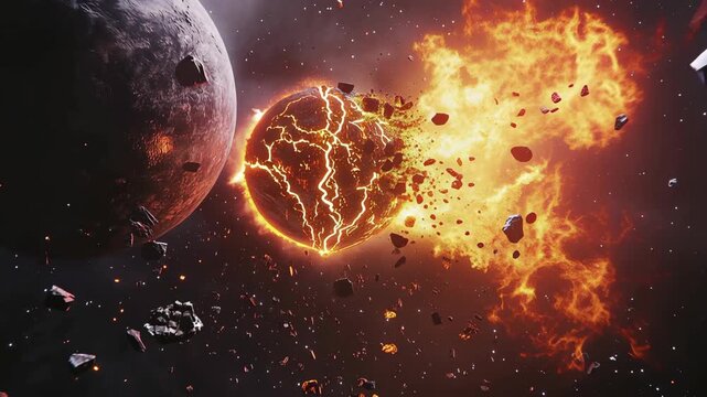 Epic space scene with planets and asteroids colliding in fiery explosion glowing debris and cosmic dust spreading across deep universe dramatic sci fi concept with intense light and dynamic motion