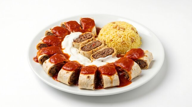 Turkish Beyti Kebab with Rice on White Plate, 45 degree angle