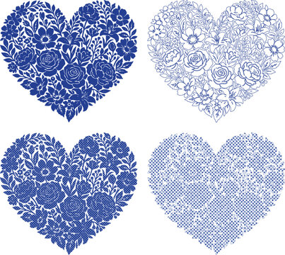 Decorative floral heart vector set, intricate blue flower heart shapes, romantic botanical heart design elements, elegant love symbol graphics for wedding invitations and Valentine's Day