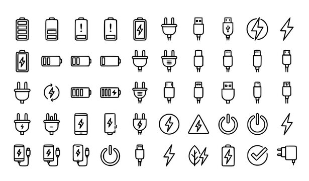 Battery power icon collection vector black white charging design