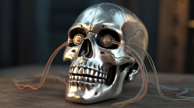 Futuristic metallic robotic skull with exposed internal wiring and electronic eye components