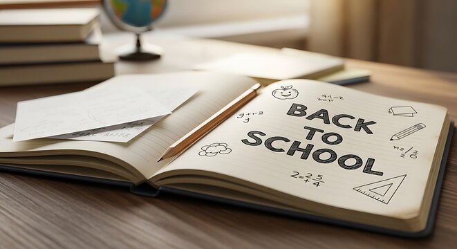 Back to school concept with open notebook pencil and educational doodles