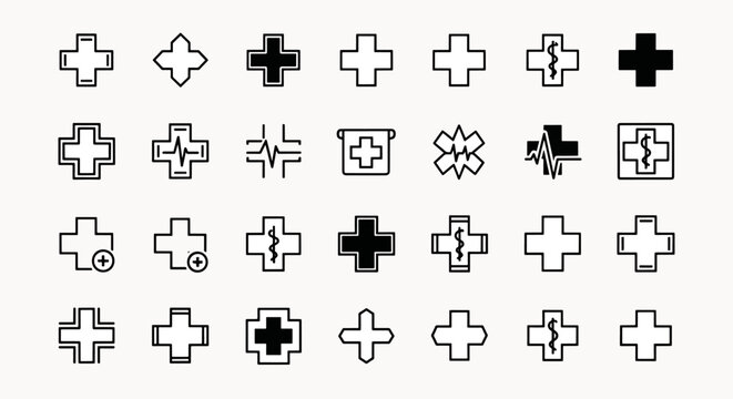 Collection of Medical Cross Icons in Various Styles Healthcare Symbol Set Vector Graphic Elements Flat Design
