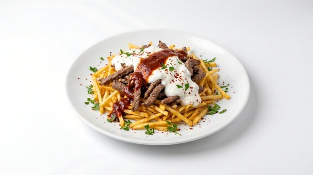 Turkish Cokertme Kebabi on White Plate Isolated, 45 degree angle