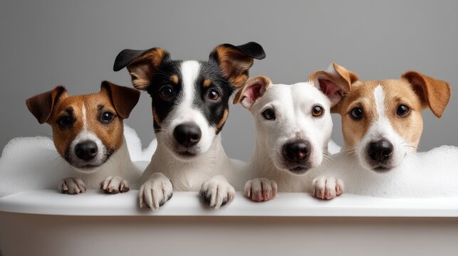 Four adorable dogs eagerly lean over the edge of a bathtub filled with fluffy soap bubbles, showcasing their happy faces and playful spirits during bath time