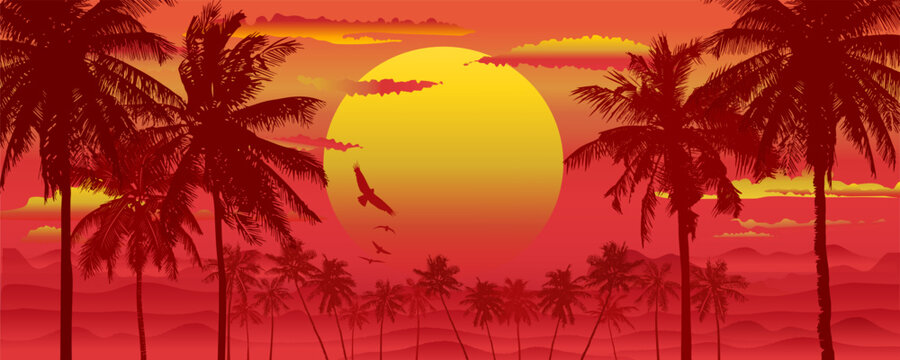Tropical sunset setting sun and silhouette of palm trees and mountains in the background of with in a crimson and yellow gradient