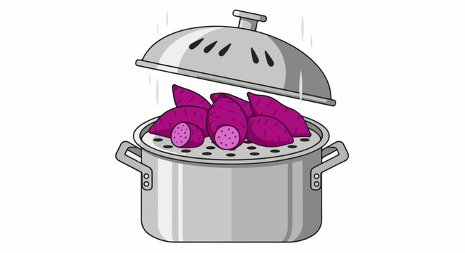 Steaming purple sweet potatoes in a metal pot with steam rising