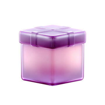 A 3D render of a purple gift box with a textured top and a translucent body, presented against a black background