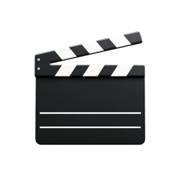 Glossy, three-dimensional representation of a movie clapboard with a hinged top section displaying a striped design. It is set against a dark backdrop