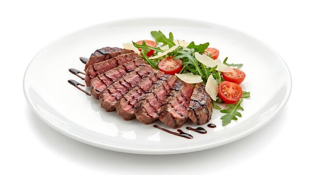 Italian Tagliata di Manzo Steak on White Plate, 45 degree angle