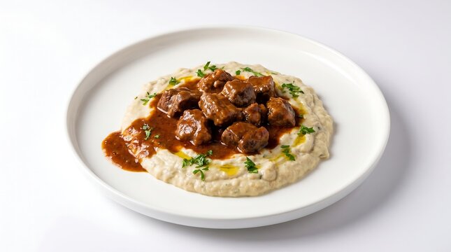 Turkish Hunkar Begendi Lamb Stew Isolated, 45 degree angle