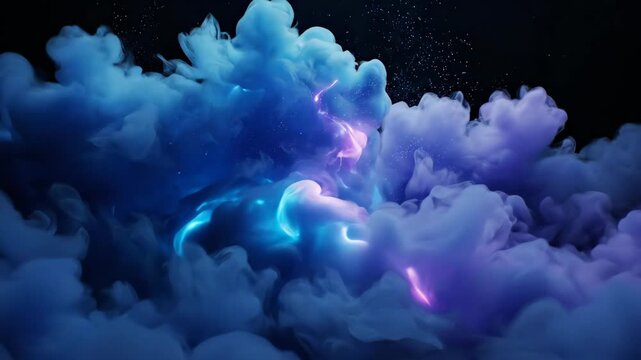 Blue smoke swirling in dark space. Abstract cloud of vapor moving with glowing lights. Cinematic background effect for motion graphics and digital art production.