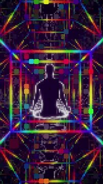 looped 3d animation mosaic mirror reflects a meditating person	