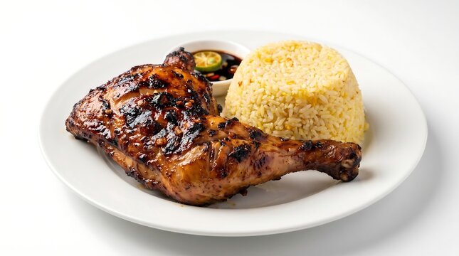 Filipino Inasal na Manok Chicken Rice Isolated, 45 degree angle