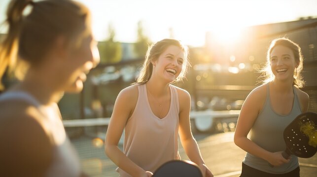 Friends playing pickleball outdoors, candid laughter, bright summer day