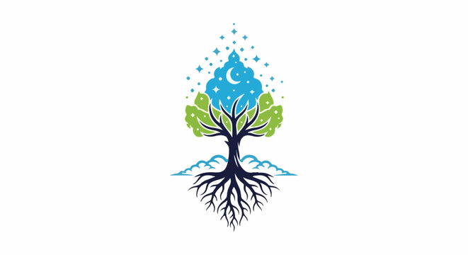 Stylized tree with roots below and a night sky with moon and stars above