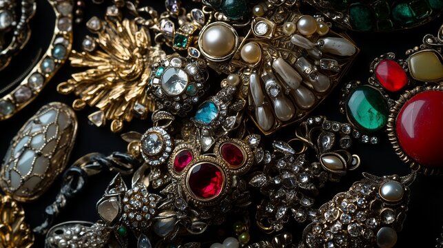 Multiple antique brooches layered together, creating a maximalist composition