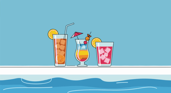 Three colorful, stylized tropical drinks with ice, fruit, and garnishes on a blue background