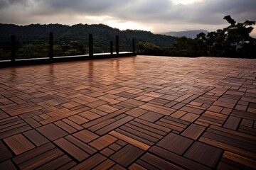 Fototapeta premium Empty outdoor wooden patio with a picturesque green mountain range view at dusk