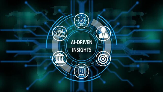 &ldquo;AI-Driven Insights, Artificial Intelligence, and Global Business Network Technology Concept&rdquo;. Digital circuit board on world background. Representing artificial intelligence, and future technology