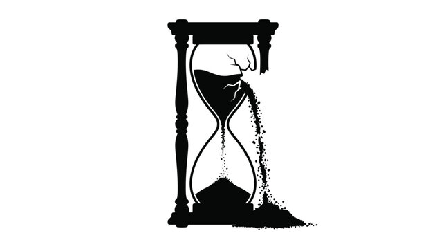 A broken hourglass with sand leaking out representing the concept of wasted time and urgency