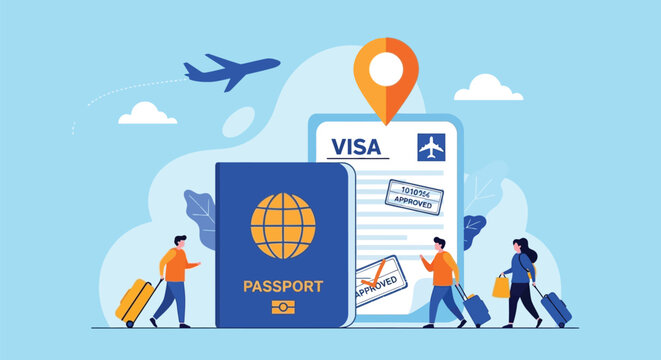 International travel visa application and passport document for tourism and immigration, airplane flight and global journey with approved visa stamp.