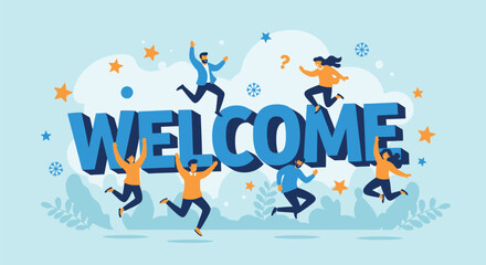 Happy diverse people celebrating together around giant welcome word, excitement and joy with stars and confetti, enthusiastic greeting and invitation. © DHS