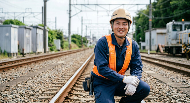 鉄道の線路保守や点検作業を行う笑顔の男性作業員