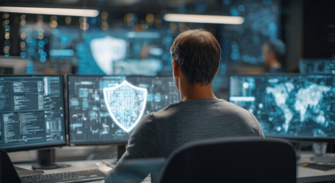 Cybersecurity monitoring network security data on screens in a dimly lit command center