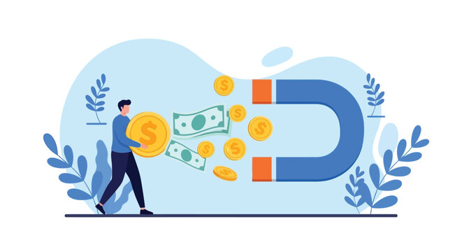 Magnet attracting money banknotes and coins from man for investment income and financial growth concept.